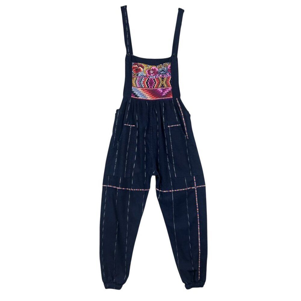Tapestry Embroidered Floral Bohemian Festival Ikat Overalls Jumper Sz L Blue